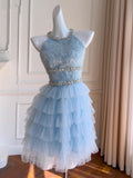 Modest A Line Jewel Neck Light Sky Blue Tulle Formal 8th Grade Homecoming Dress High School Short 18th Birthday Outfits Graduation Dress Hoco Dresses HZ1121