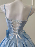 Cute Ball Gown Spaghetti Straps Blue Satin Formal Short Mini Homecoming Dress Middle School 20th Birthday Outfits Graduation Dress Cocktail Dresses HZ1121