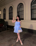 Modest A Line Strapless Blue Short Formal Homecoming Dress Middle School Short 18th Birthday Outfits Graduation Dress Cocktail Dresses HZ1121