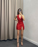 Cute Sheath Halter Red Sequin Mini Short Formal 8th Grade Homecoming Dresses Summer Middle School Hoco Dress Homecoming Outfits HZ1121