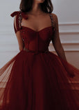 Elegant A Line Spaghetti Straps Burgundy Tulle Sleeveless Long Evening Party Gowns Evening Formal Dresses Prom Dress HZ1121