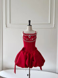 Modest Ball Gown Spaghetti Straps Satin Red Short Formal Homecoming Dress Middle School Short 20th Birthday Outfits Graduation Dress Cocktail Dresses HZ1121