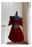 Aesthetic Ball Gown Burgundy Velvet Short Mini Feathers Formal Homecoming Dress Short Cocktail Outfits Graduation Dress Mini Hoco Dress HZ1121
