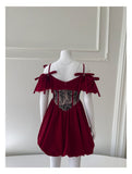 Aesthetic Ball Gown Burgundy Velvet Short Mini Feathers Formal Homecoming Dress Short Cocktail Outfits Graduation Dress Mini Hoco Dress HZ1121