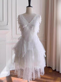 Pretty A line V Neck Lace White Short Formal Homecoming Dresses Middle School Short 21st Birthday Outfits Graduation Dress Mini Cocktail Dresses HZ1121