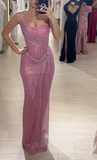 Elegant Sheath Strapless Pink Sequin Slit Long Prom Dresses Party Dress 22th Birthday Outfits Graduation Dresses HZ1121
