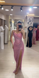 Elegant Sheath Strapless Pink Sequin Slit Long Prom Dresses Party Dress 22th Birthday Outfits Graduation Dresses HZ1121
