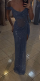 Sparkly Mermaid Off The Shoulder Blue Sequin Long Slit Evening Party Gowns Evening Dress Special Formal Dresses Prom Dress HZ1121
