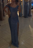 Sparkly Mermaid Off The Shoulder Blue Sequin Long Slit Evening Party Gowns Evening Dress Special Formal Dresses Prom Dress HZ1121