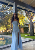 Elegant A Line Strapless Light Sky Blue Long Prom Dresses Party Dress 18th Birthday Outfits Graduation Dresses HZ1121