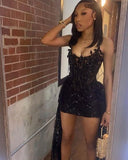 Pretty Sheath Strapless Black Lace Formal Homecoming Dresses Short 21st Birthday Outfits Graduation Dress Mini Cocktail Dresses HZ1121