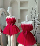 Trendy Ball Gown Strapless Red Tulle Mini Short Formal 8th Grade Homecoming Dresses Summer Middle School Hoco Dress Homecoming Outfits HZ1121
