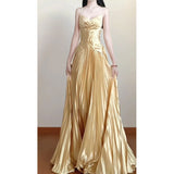 Vintage A line Spaghetti Straps Gold Satin Long Summer 18th Birthday Dress Party Dress Birthday Outfits Evening Dresses HZ1121
