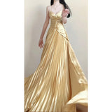 Vintage A line Spaghetti Straps Gold Satin Long Summer 18th Birthday Dress Party Dress Birthday Outfits Evening Dresses HZ1121