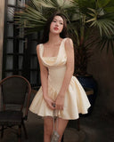 Pretty A line Square Neck Champagne Satin Formal Homecoming Dresses Short 16th Birthday Outfits Graduation Dress Mini Cocktail Dresses HZ1121