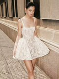 Pretty A line Square Neck White Lace Formal Homecoming Dresses Short 16th Birthday Outfits Graduation Dress Mini Cocktail Dresses HZ1121