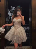Pretty A line Spaghetti Straps White Lace Formal Homecoming Dresses Short 16th Birthday Outfits Graduation Dress Mini Cocktail Dresses HZ1121
