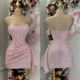 Pretty Sheath Strapless Pink Sequin Short Formal 8th Grade Homecoming Dresses Summer Middle School Hoco Dress Homecoming Outfits HZ1121
