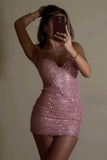 Pretty Sheath Spaghetti Straps Pink Formal Homecoming Dresses Short 16th Birthday Outfits Graduation Dress Mini Hoco Dresses HZ1121