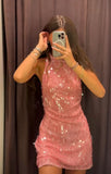 Modest A Line High Neck Pink Sequin Formal Homecoming Dresses 18th Birthday Outfits Graduation Dress Short Mini Hoco Dresses HZ1121