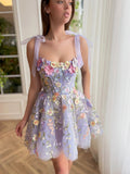 Cute A Line Spaghetti Straps Lilac Tulle Lace Formal Homecoming Dresses 18th Birthday Outfits Graduation Dress Short Mini Hoco Dresses HZ1121