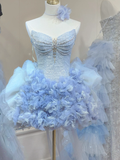Cute Ball Gown Sweetheart Light Sky Blue Tulle Short Mini Formal 8th Grade Homecoming Dresses Middle School Cocktail Dress Hoco Outfits HZ1121