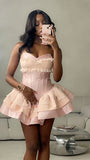 Modest Ball Gown Sweetheart Pink Satin Lace Short Formal 8th Grade Homecoming Dresses Middle School Cocktail Dress Hoco Outfits HZ1121