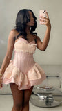 Princess Ball Gown Sweetheart Pink Satin Lace Short Formal 8th Grade Homecoming Dresses Middle School Cocktail Dress Hoco Outfits HZ1121