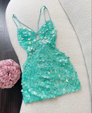 Trendy A line Spaghetti Straps Blue Sequin Mini Short Formal 8th Grade Homecoming Dresses Summer Middle School Hoco Dress Homecoming Outfits HZ1121