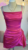 Cute Sheath Spaghetti Straps Hot Pink Satin Mini Short Formal 8th Grade Homecoming Dresses Summer Middle School Hoco Dress Homecoming Outfits HZ1121
