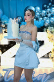 Modest A Line Strapless Light Sky Blue Satin Formal Homecoming Dresses 8th Grad Dance Graduation Dress Short Hoco Dresses HZ1121