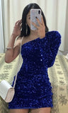 Trendy Sheath One Shoulder Royal Blue Sequin Mini Short Formal 8th Grade Homecoming Dresses Summer Middle School Hoco Dress Homecoming Outfits HZ1121