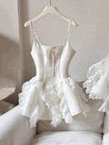 Cute A line Spaghetti Straps White Satin Formal Homecoming Dresses 8th Grad Dance Graduation Dress Short Hoco Dresses HZ1121