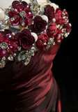 Retro A Line Strapless Burgundy Sleeveless Taffeta Long Flowers Prom Dresses Party Dress 18th Birthday Outfits Graduation Dresses HZ1121