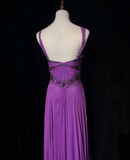Retro A Line Halter Grape Chiffon Sleeveless With Beads Long Flowers Prom Dresses Party Dress 21st Birthday Outfits Graduation Dresses HZ1121