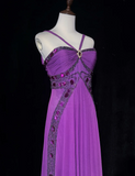 Retro A Line Halter Grape Chiffon Sleeveless With Beads Long Flowers Prom Dresses Party Dress 21st Birthday Outfits Graduation Dresses HZ1121