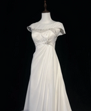 Vintage Bridal Dress A Line Scoop Short Sleeves White Silver Beads Long Wedding Dress Retro Wedding Dresses Modest Wedding Gowns HZ1121