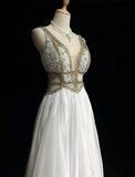 Retro A Line V Neck White Chiffon With Silver Gold Beads Long Flowers Prom Dresses Party Dress 21st Birthday Outfits Prom Gowns HZ1121