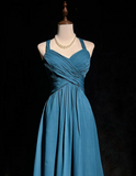 Retro A Line Halter Sleeveless Chiffon Pleated Long Prom Dresses Party Dress 21st Birthday Outfits Graduation Dresses HZ1121