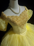 Pretty Ball Gown Square Neck Yellow Tulle Long Floral Quinceanera Dress Formal Gowns Sweet 17 Dresses Vestido De 15 Anos Sweet 16 Dress HZ1121