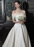 Elegant Off Shoulder A-Line Tulle Long Wedding Dress Simple Bridal Gowns HZ1121