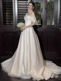 Elegant Off Shoulder A-Line Tulle Long Wedding Dress Simple Bridal Gowns HZ1121