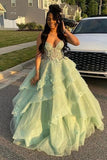 Fairytale Green Spaghetti Strap Quinceanera Dress Tulle Appliques Ball Gowns Sweet 16 Dress HZ1121