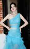 Modest Blue One Shoulder Formal Dress Tulle Mermaid Long Evening Gowns Prom Dresses HZ1121