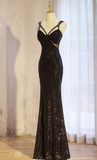 Elegant Black Mermaid Evening Gowns Spaghetti Strap Formal Dresses Spark Sequin Sleeveless Long Prom Dresses HZ1121