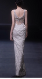 Light Champagne Glitter Tulle Sheath Evening Gowns Gorgeous Beaded Slit Formal Dresses Sparkly Sequin Sleeveless Long Prom Dresses HZ1121