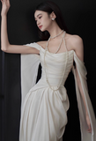 Ivory Off-shoulder Sheath Evening Gowns Simple Chiffon Formal Dresses Elegant Sleeveless Long Prom Dresses HZ1121