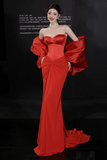 Glamour Red Mermaid Evening Gown Sweetheart Neck Formal Dress Satin Chiffon Modest Long Prom Dresses HZ1121