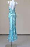 Sparkly Sequin Halter Blue Mermaid Evening Gowns Elegant Open Back Prom Dresses HZ1121