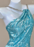 Sparkly Sequin Halter Blue Mermaid Evening Gowns Elegant Open Back Prom Dresses HZ1121